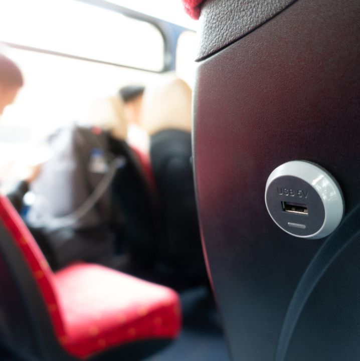 USB power outlet on a charter bus